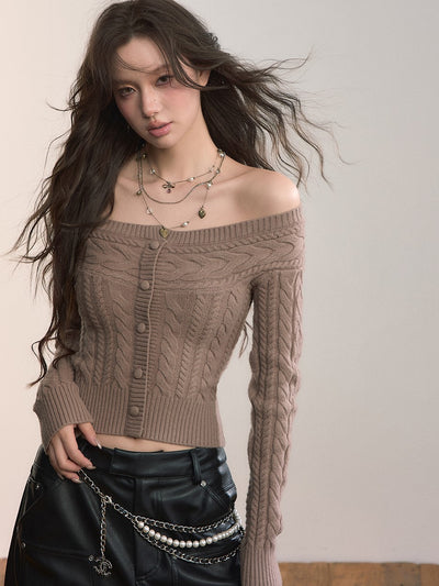 Off-shoulder Round Neck Short Cable Sweater VIA0372