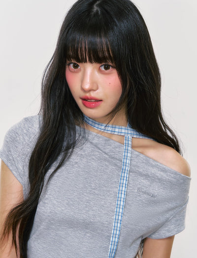 Plaid Ruffled Off-shoulder T-shirt WEE0053