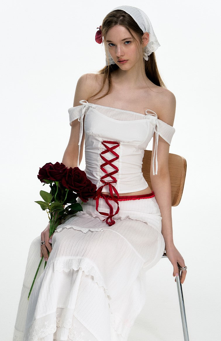 White And Red Strappy One-shoulder Tube Top/A-line Cake Skirt/Turban DPR0027