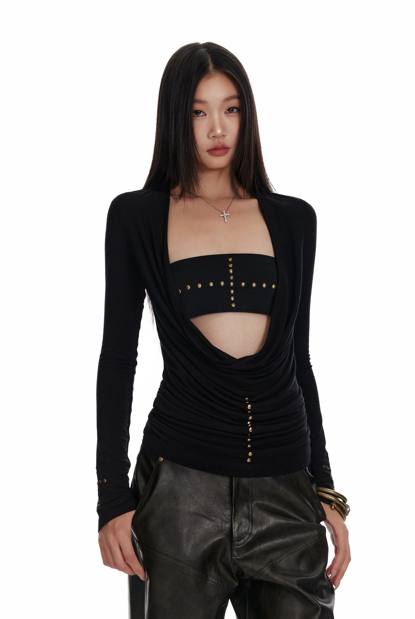 Cross Rivet Tube Top/Knitted Large V-neck Top 4MU0068