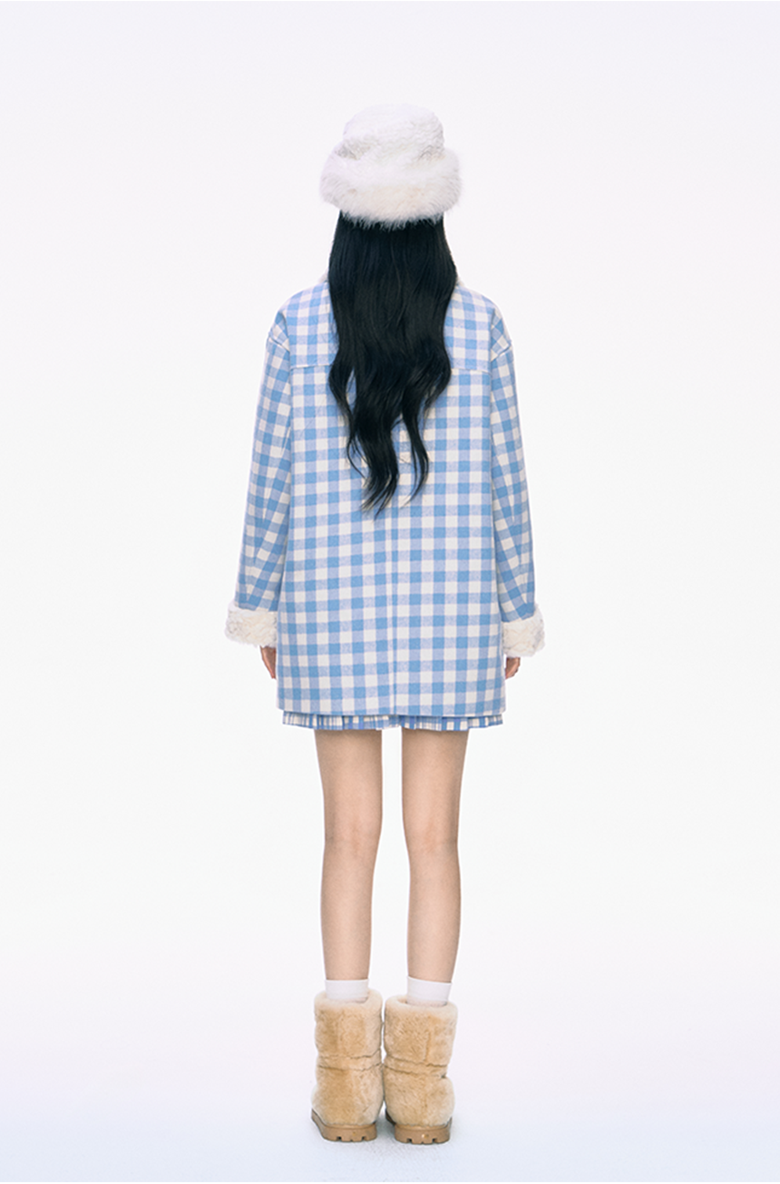 Fur Collar Horn Button Blue Plaid Cotton Coat PUN0031