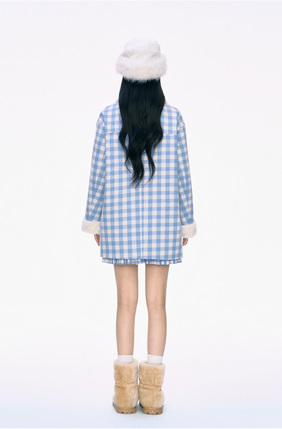 Fur Collar Horn Button Blue Plaid Cotton Coat PUN0031