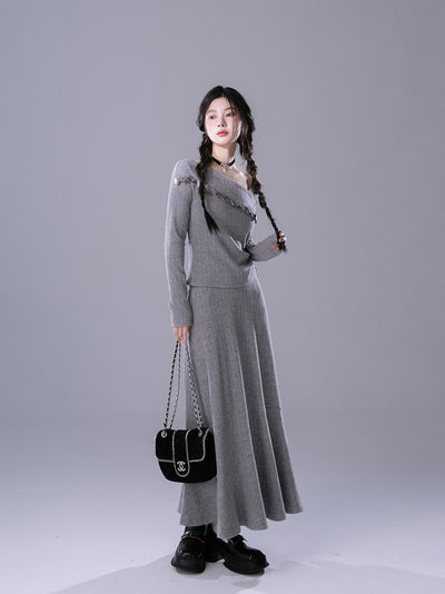 London Fog Grey Beaded Sequined Knitted Top/Long Skirt COT0162