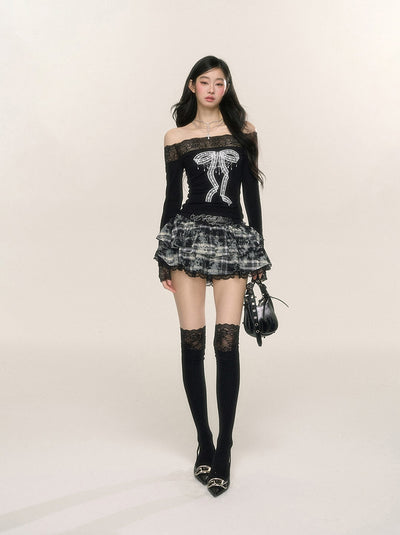 Lace Plaid A-line Slim Cake Short Skirt DIA0224