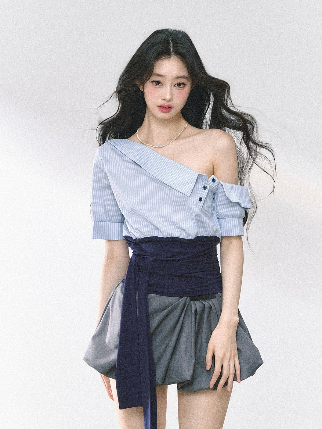 Oblique Shoulder Striped Shirt/Dress DIA0463
