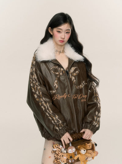 Fur Collar Loose Leopard Print Leather Jacket DIA0223