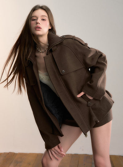 Brown High-neck Patchwork Wool Coat VIA0346