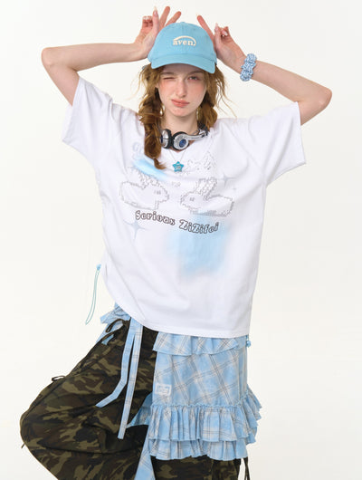 Drawstring Rabbit Print V-neck T-shirt ZIZ0268