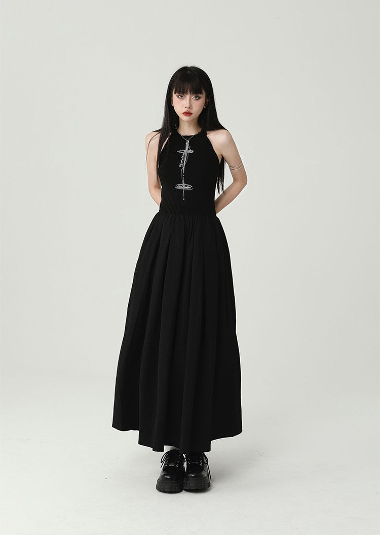 Black Sleeveless Suspender Long Dress LAD0094