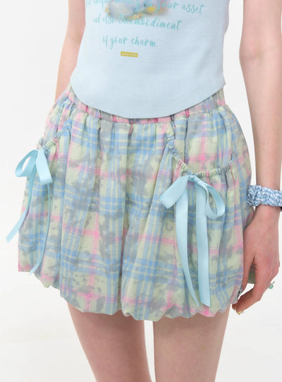 High Waist Blue Bow Plaid Skirt ZIZ0277