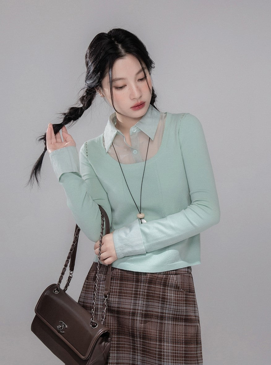 Mint Green Shirt Collar Sweater COT0352