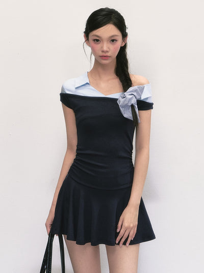 Off-shoulder Shirt Patchwork Dress WEE0003