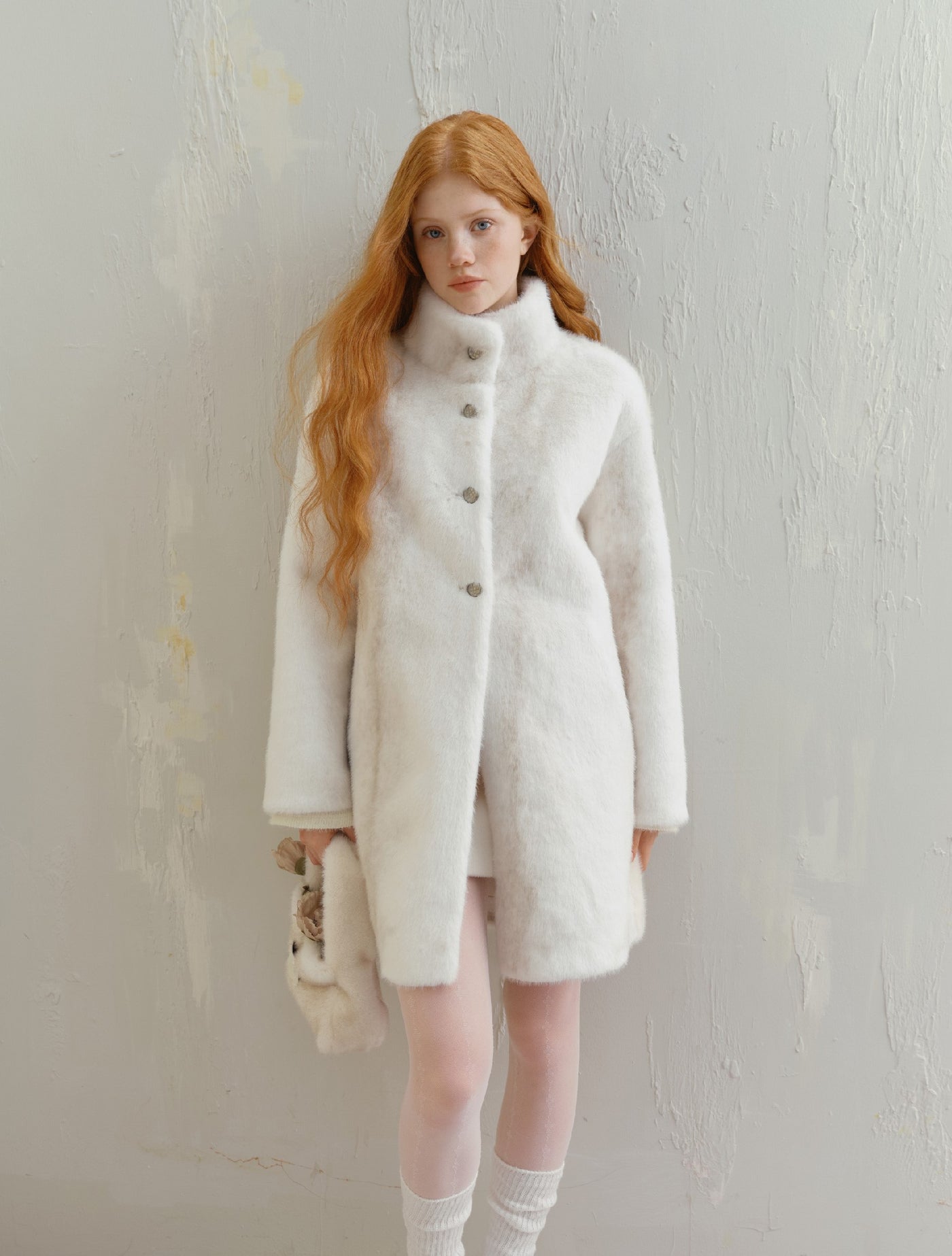 White Cross Half High Collar Eco-friendly Fur Long Coat SAL0089