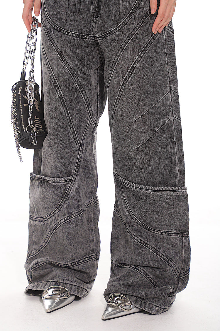 Washed Retro Multi-pocket Deconstruction Design Wide-leg Jeans UNC0120