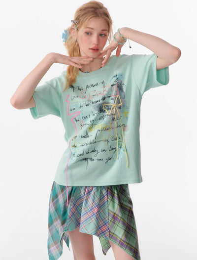 Graffiti Print Loose Bow Short-sleeved T-shirt ZIZ0108