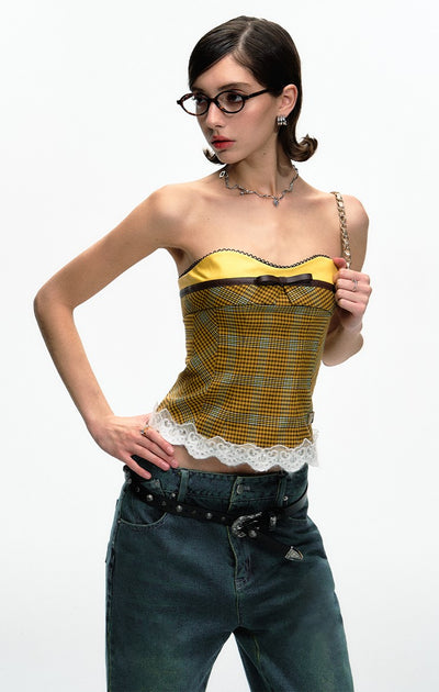 Yellow Leather Lace Backless Tube Top DPR0052