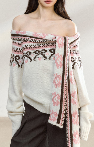 White Off-shoulder Jacquard Sweater SHI0219