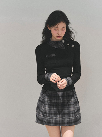 Black Plaid Collar Top/Plaid Short Skirt DIA0757