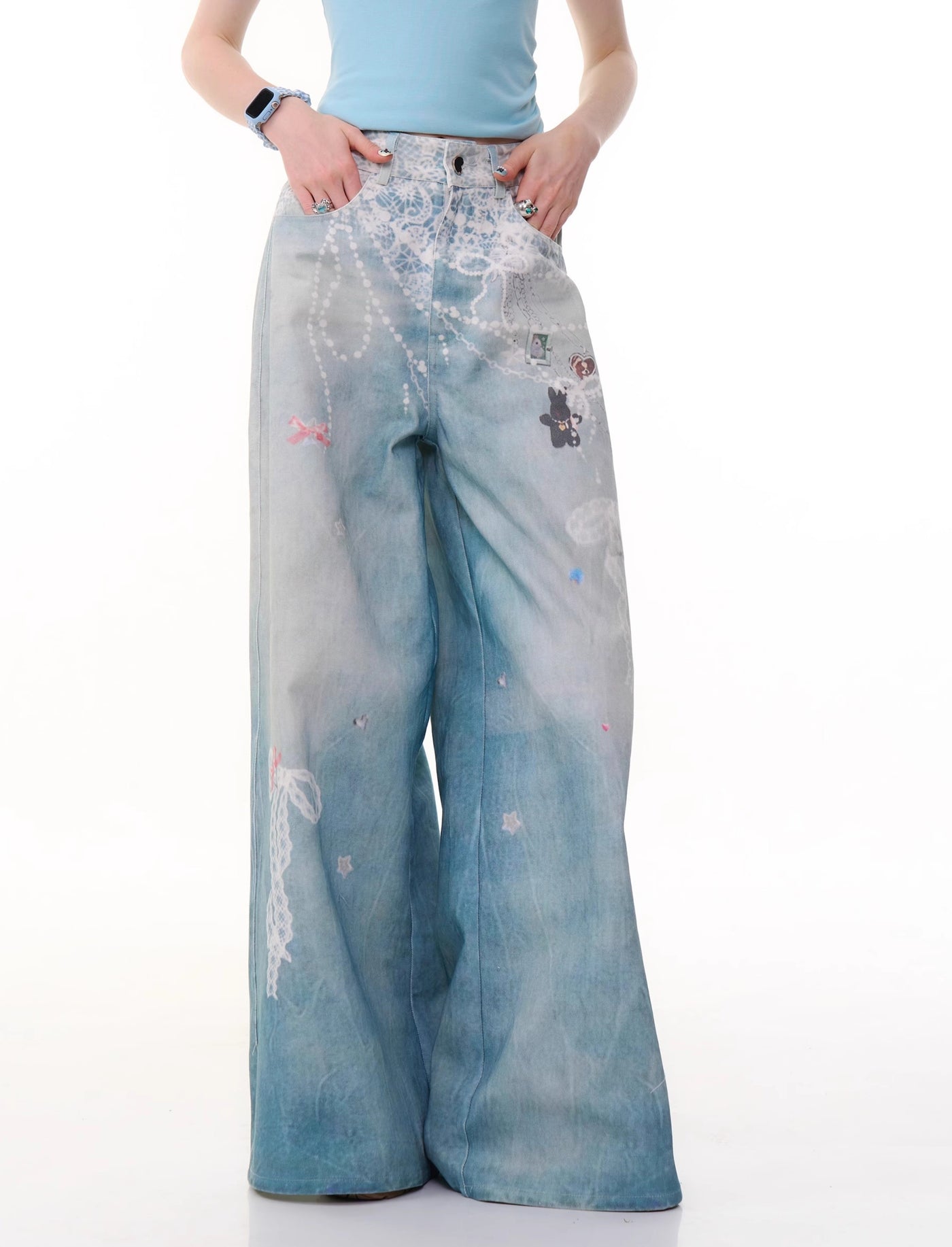 Chain Print Wide Leg Blue Jeans ZIZ0282