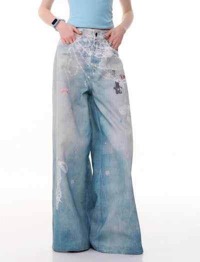 Chain Print Wide Leg Blue Jeans ZIZ0282