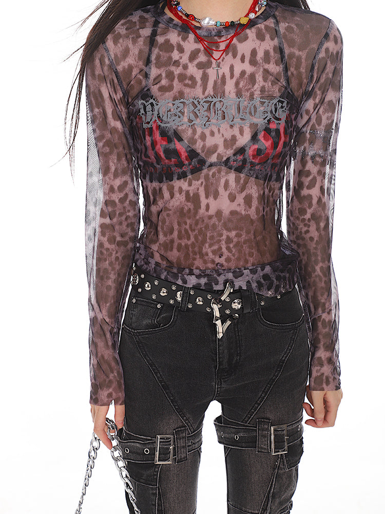 Leopard Print Mesh Long Sleeve T-shirt UNC0121