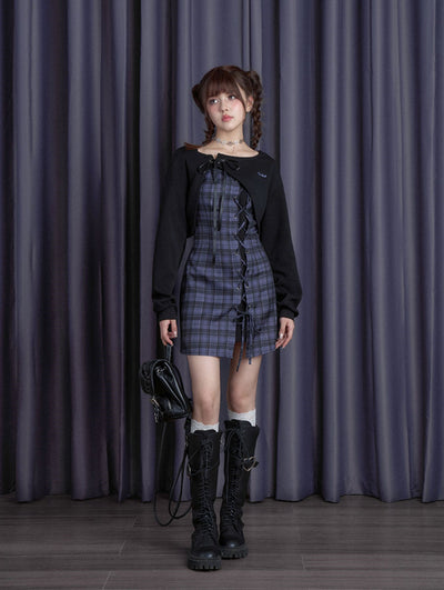 Blueberry Purple Checkered Dress/Black Short Cardigan SAG0193