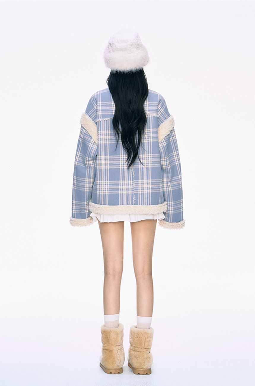 Fur Collar Blue Plaid Jacket PUN0035