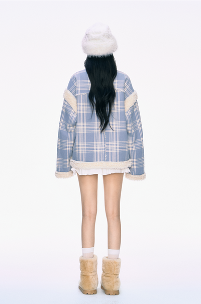 Fur Collar Blue Plaid Jacket PUN0035