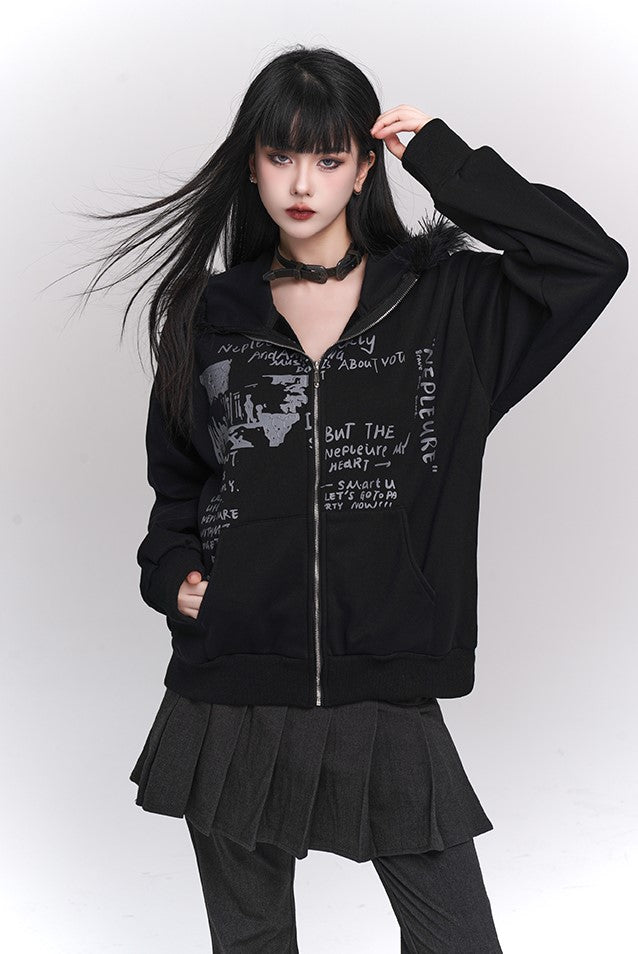 Black Velvet Sweatshirt Hooded Jacket LAD0119