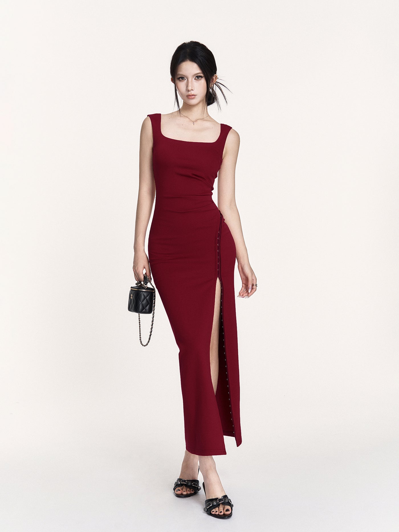 Red Waist Slit Square Collar Dress VOC0428