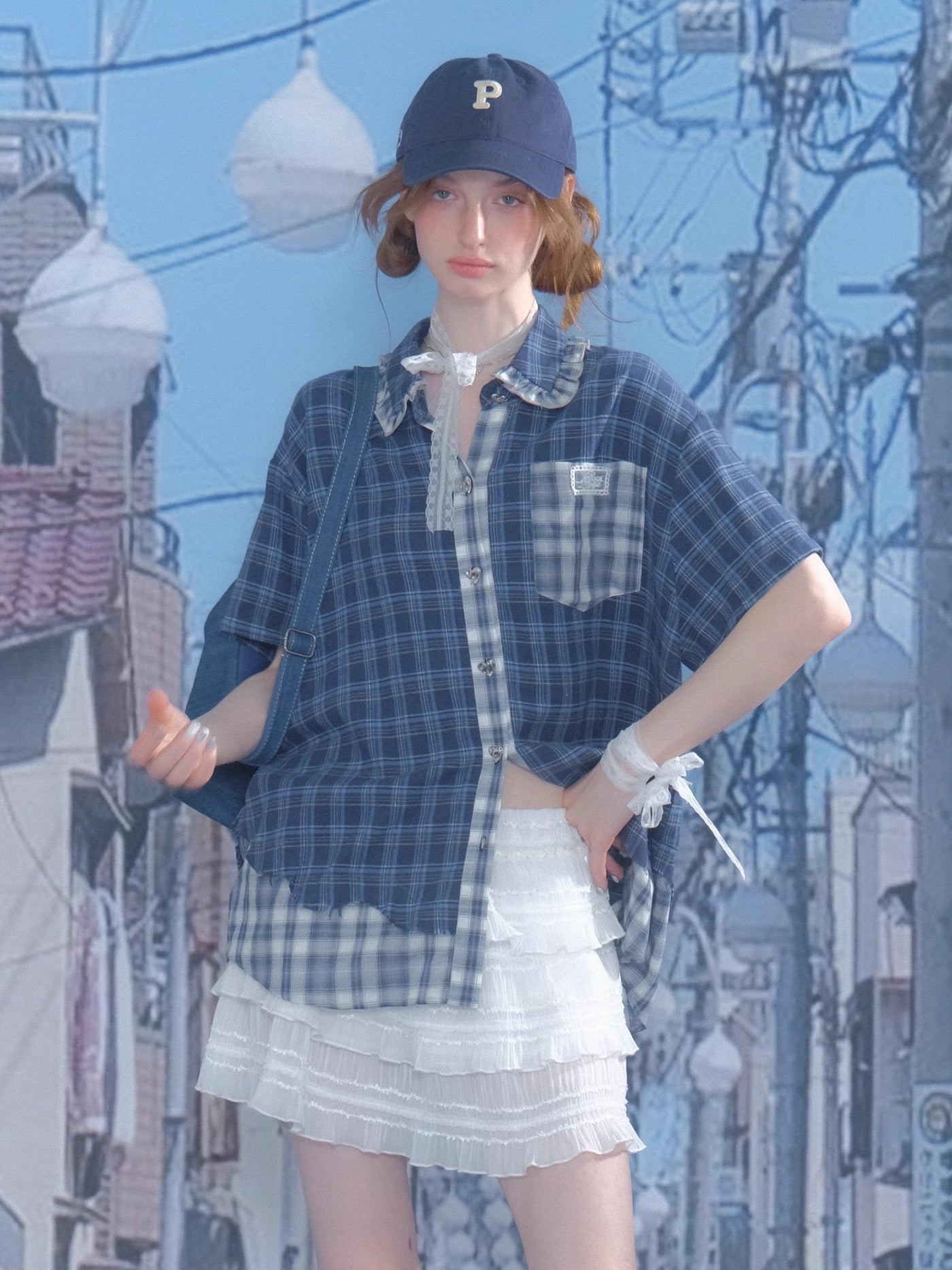 Blue Plaid Splicing Shirt ZIZ0259