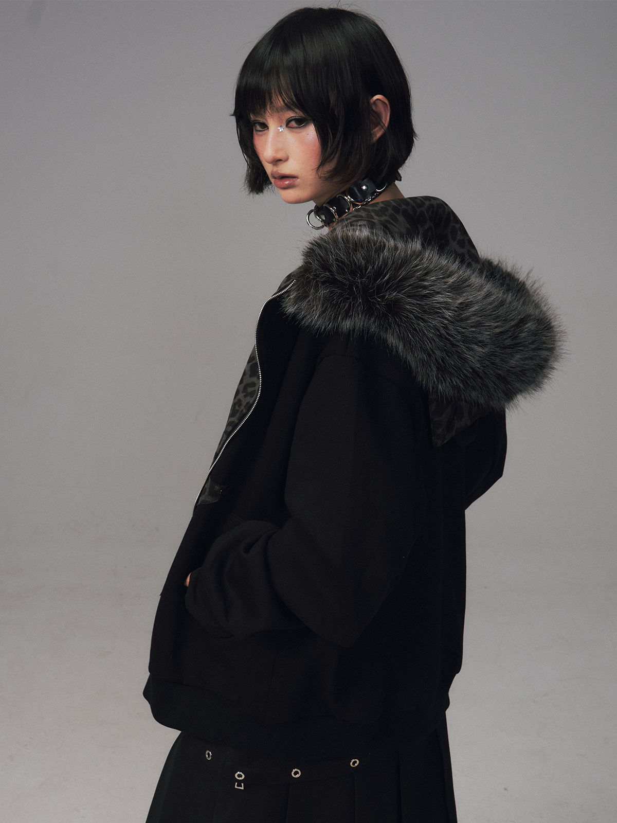 Cat Ear Leopard Print Fur Collar Hooded Jacket FRU0130