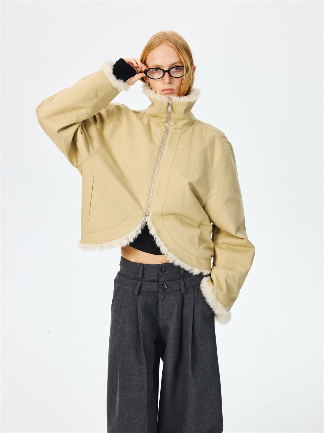 Short Collar Fur Lined Thick Jacket CUR0267