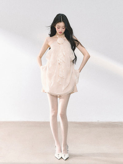 French Lace Floral Halter Neck Dress DIA0457
