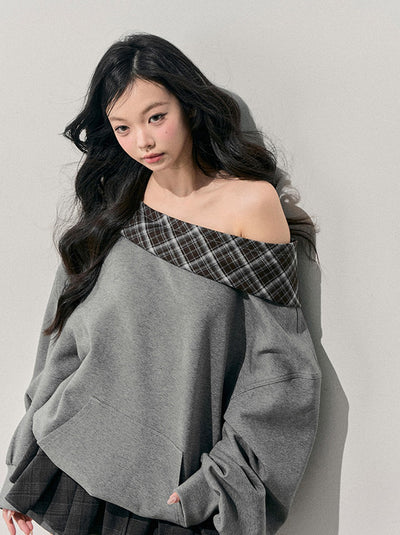 Off-Shoulder Plaid Sweatshirt DIA0765