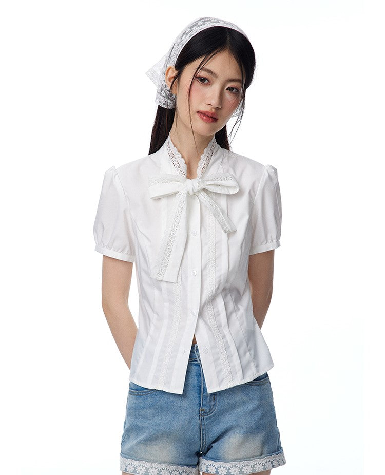 White Lace Bow Short-sleeved Shirt NTO0097