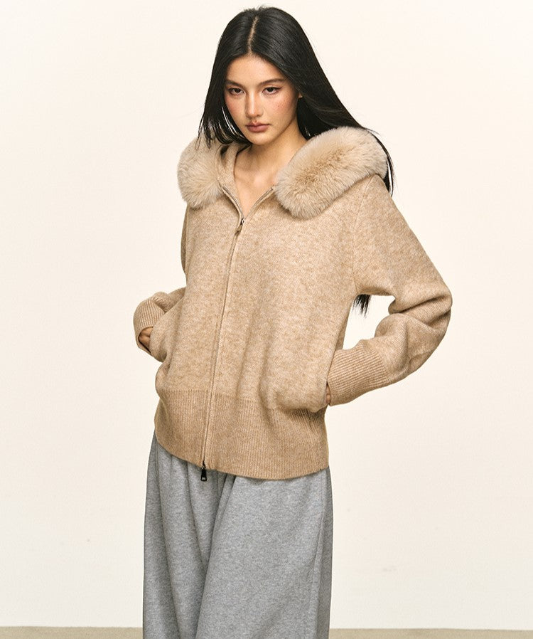 Double Zipper Large Fur Collar Knit Cardigan ANA0094