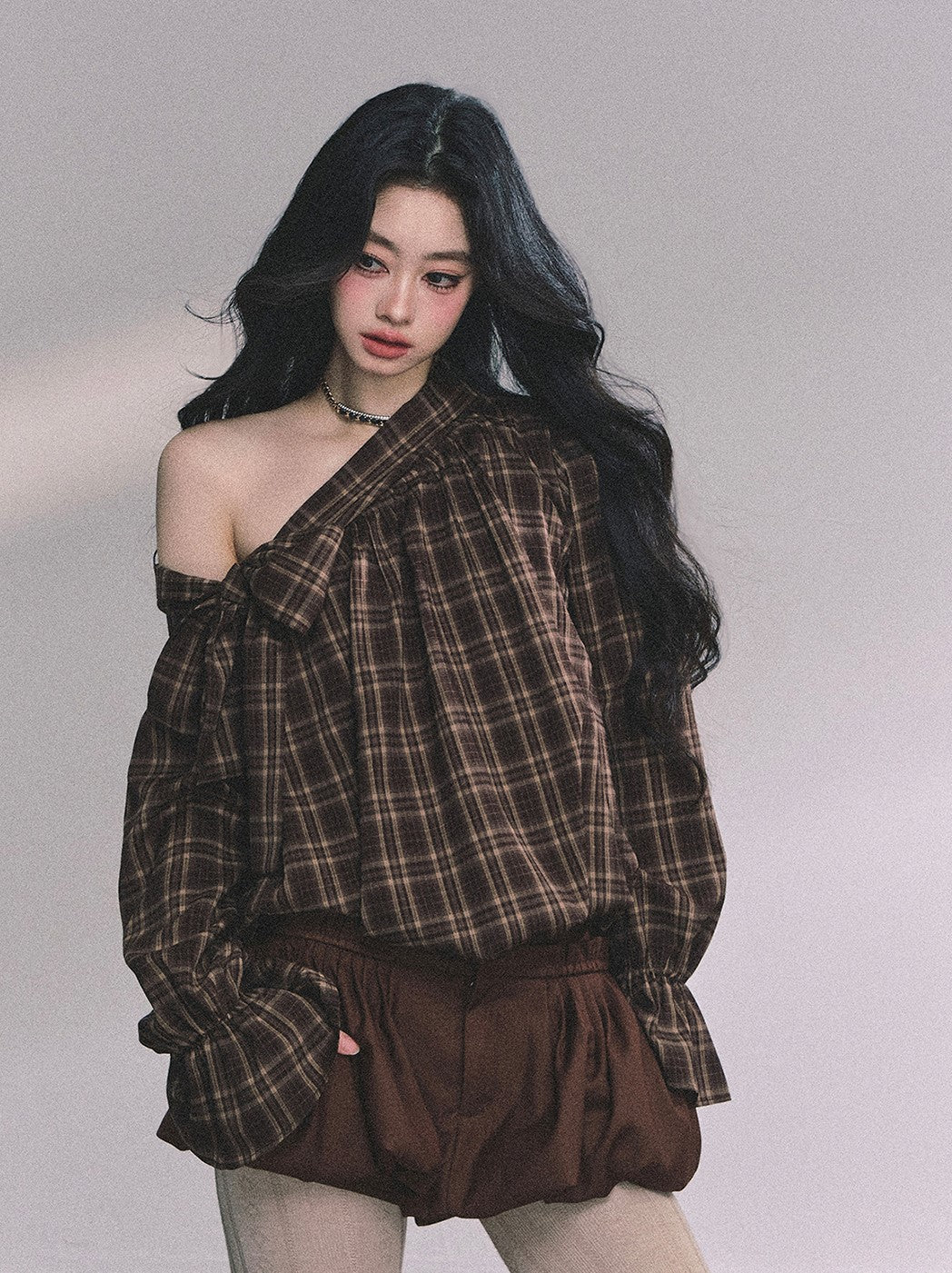 Oblique Shoulder Bow Plaid Shirt DIA0625
