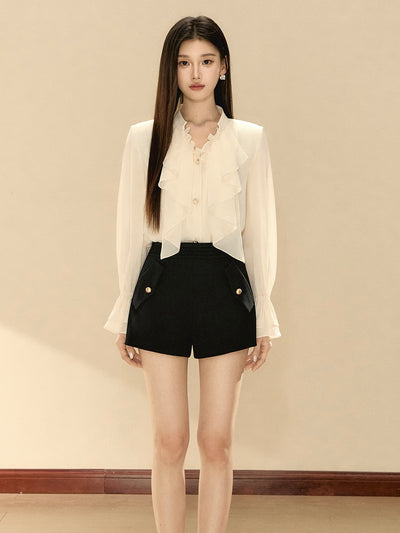 White V-neck Ruffle Shirt OSH0135