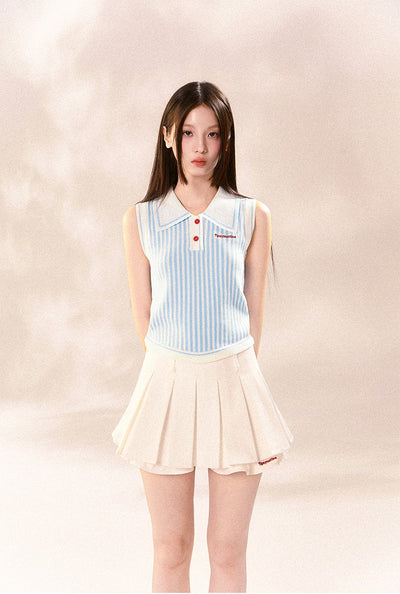 Striped Polo Knitted Short Sleeve Top/Pleated Skirt TIP0001
