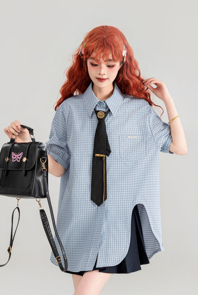 Blue Plaid Short-sleeved Shirt/Pleated Skirt/Black Tie KEI0091