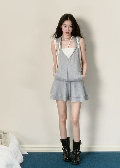 Gray Sleeveless Hooded Cake Skirt Dress VIA0149