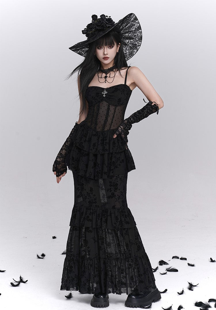 Black Fishtail Suspender Dress/Shawl LAD0242