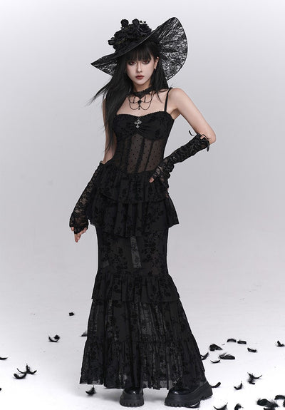 Black Fishtail Suspender Dress/Shawl LAD0242