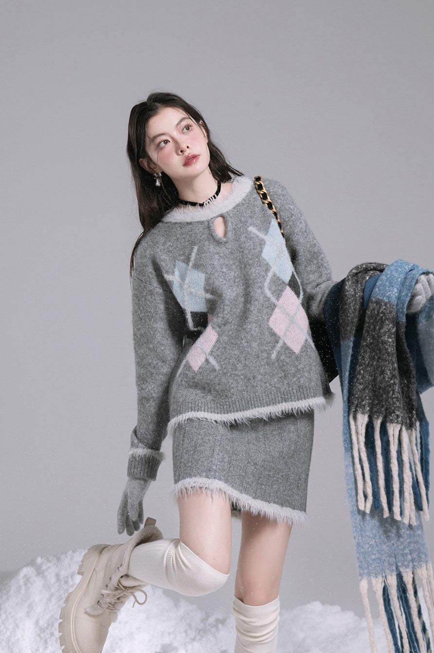 Diamond Monet Gray Wool Sweater/Skirt COT0194