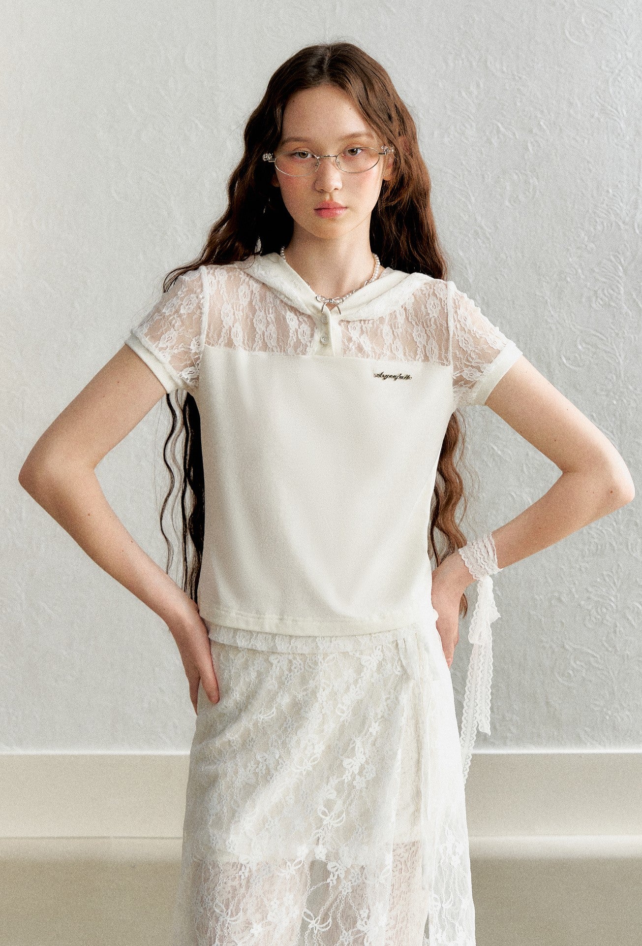 Lace Splicing Hooded Short-sleeved T-shirt AYF0051