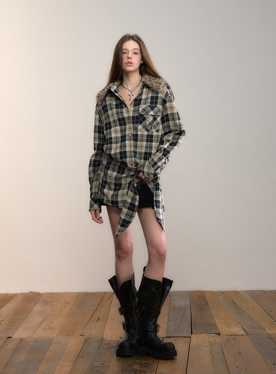 Detachable Fur Collar Plaid Shirt VIA0345