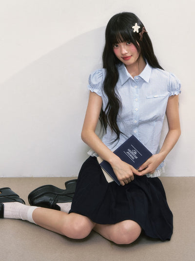 Lace Plaid Puff Sleeves Shirt WEE0042