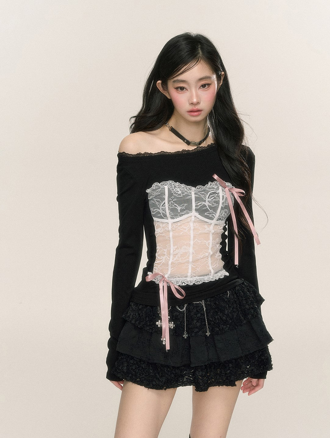 Slightly Transparent Lace Off-shoulder T-shirt DIA0233