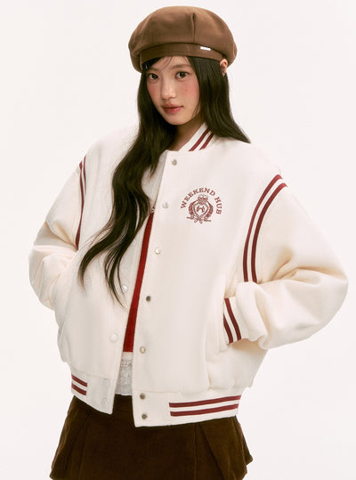 White Color-Blocked Wool Baseball Jacket WEE0125
